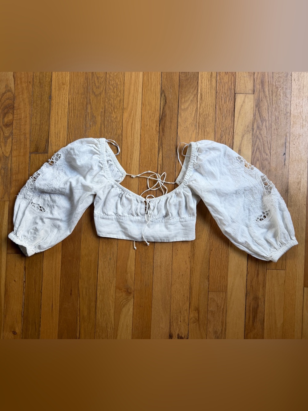 Zara white cropped tie back top with floral embroidered sleeves